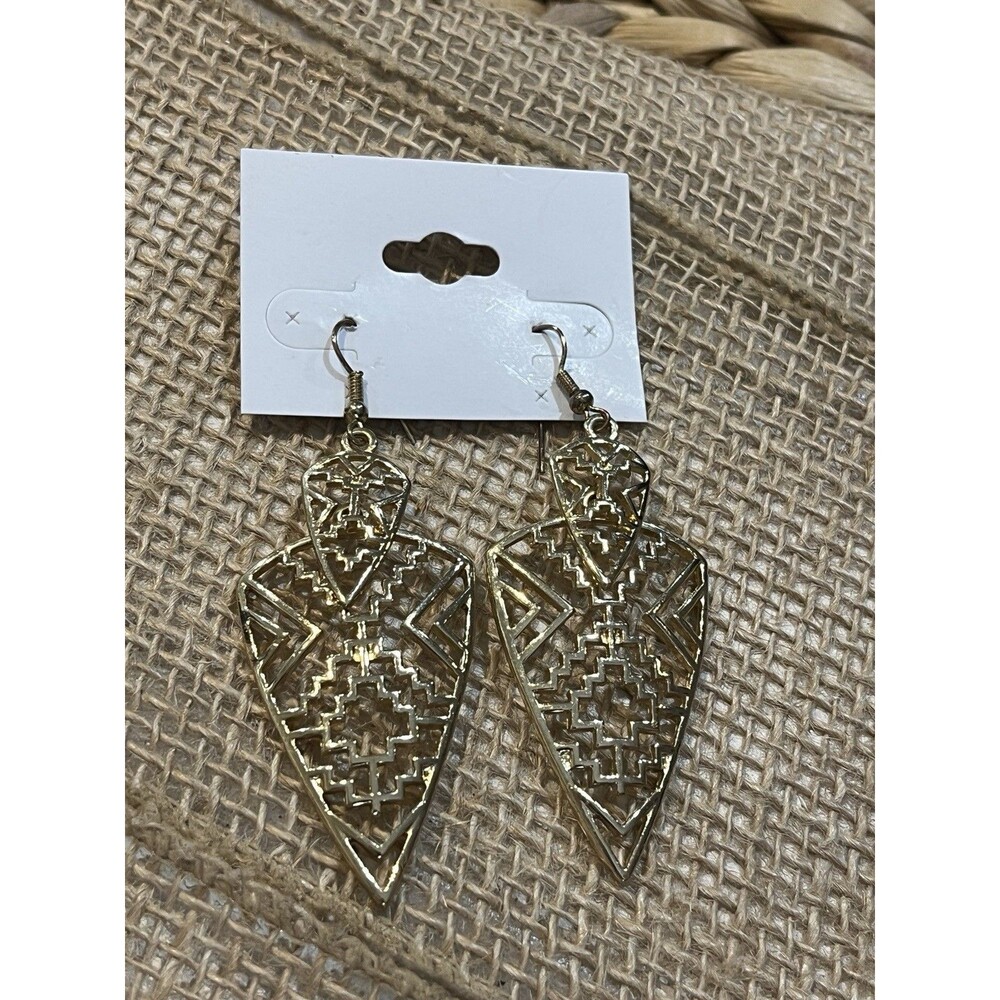 Aztec Shield Style Filigree Earrings Gold Tone Dangle Drop Tribal Boho